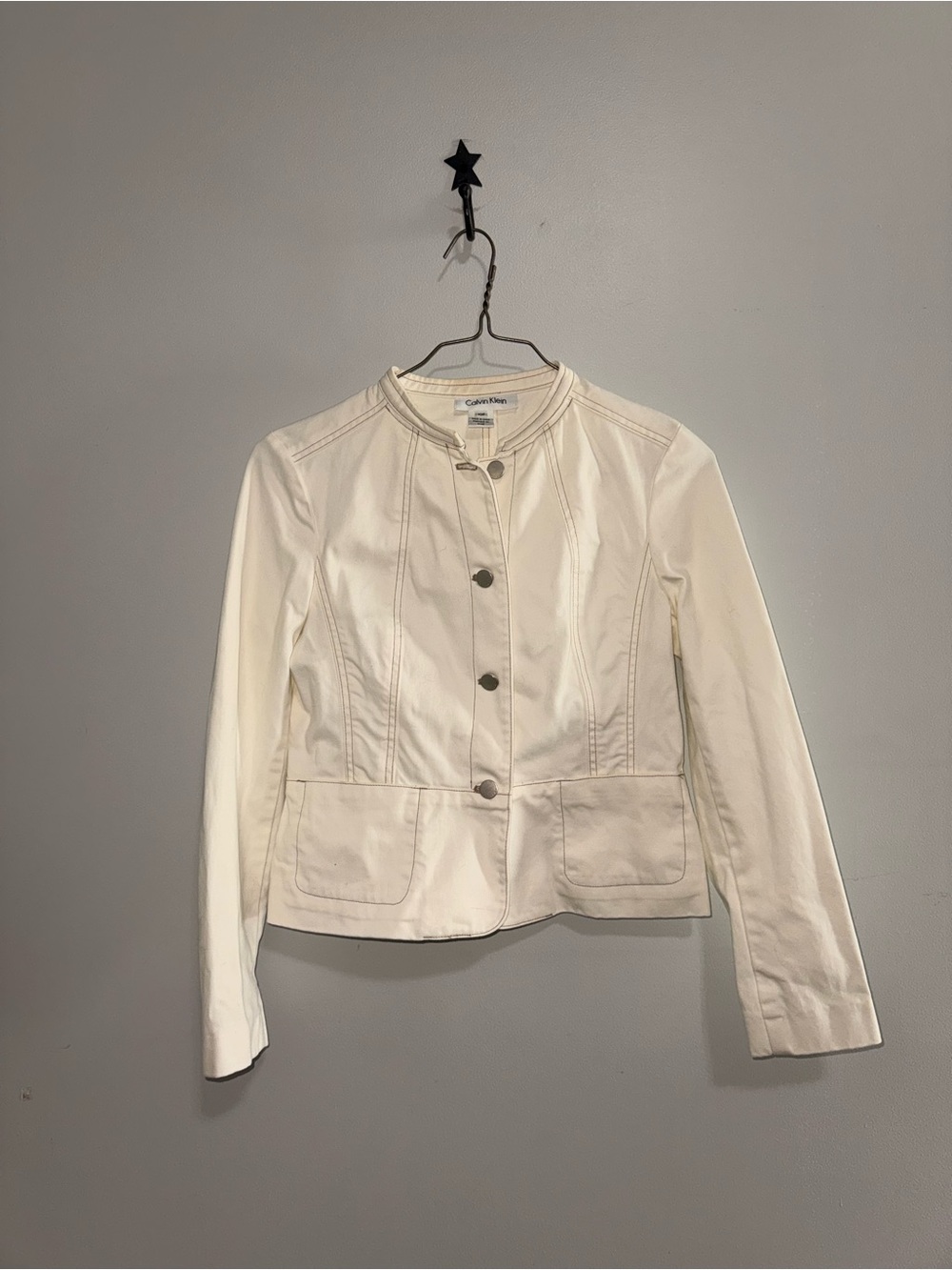 Calvin Klein Off-White Women's Collarless Button Jacket